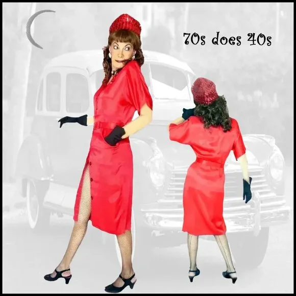 40s Style Red Satin Sheath Dress, Military Influence Retro Swing VFG &0s Vintage - Picture 1 of 14